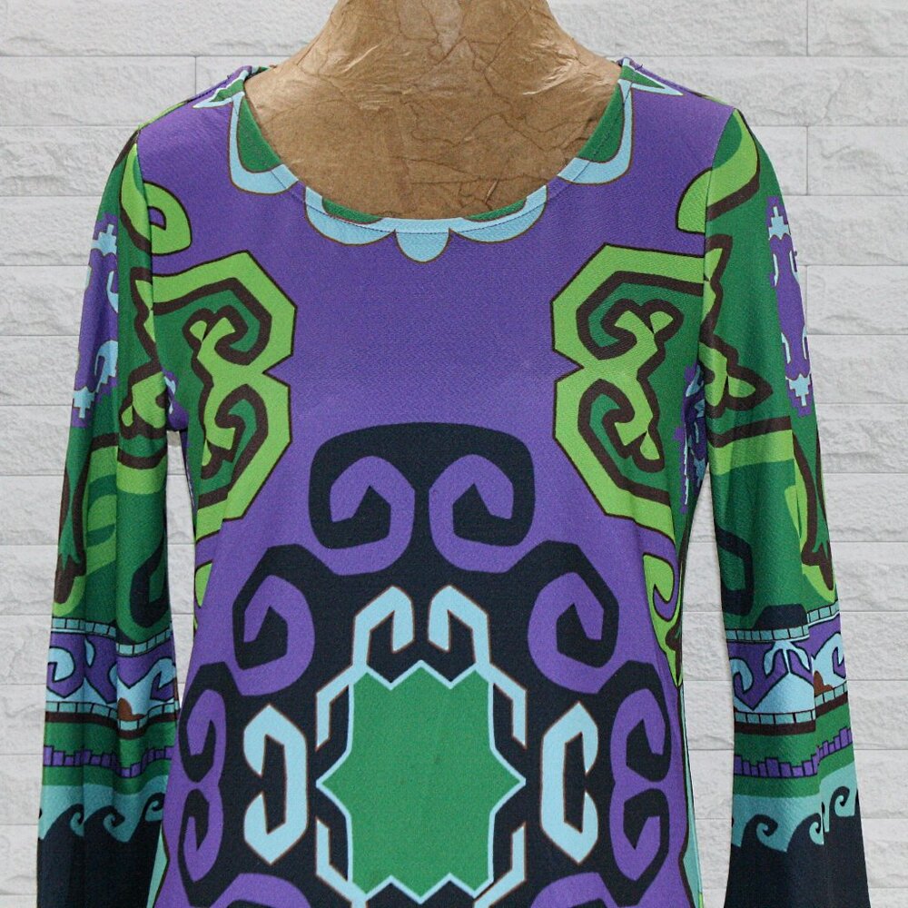 ARYEH Dress Shift Colorful Stretch Greek Key Swirl Mirror Image Purple Small - Picture 2 of 16